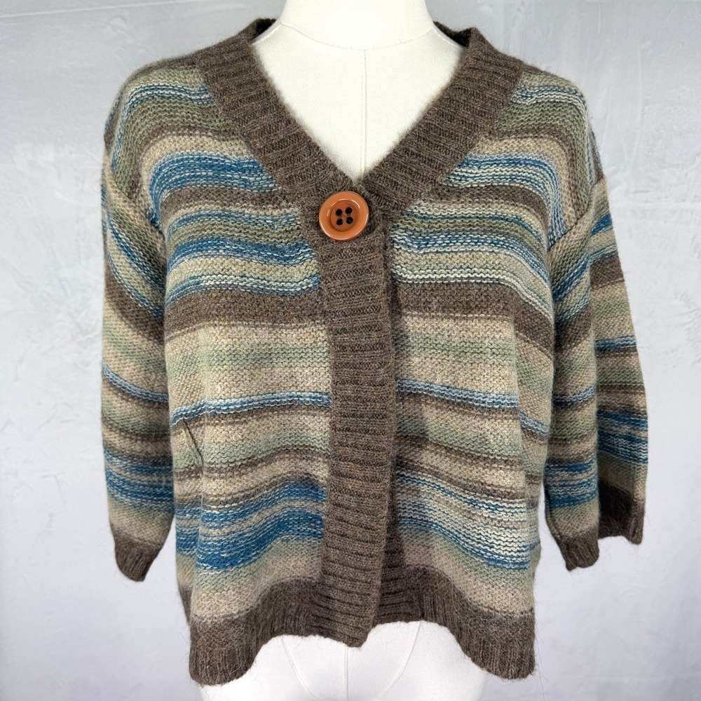 Vintage Alpaca‎ Wool Blend Striped Knit Cardigan Twee Indie Cottagecore Size S